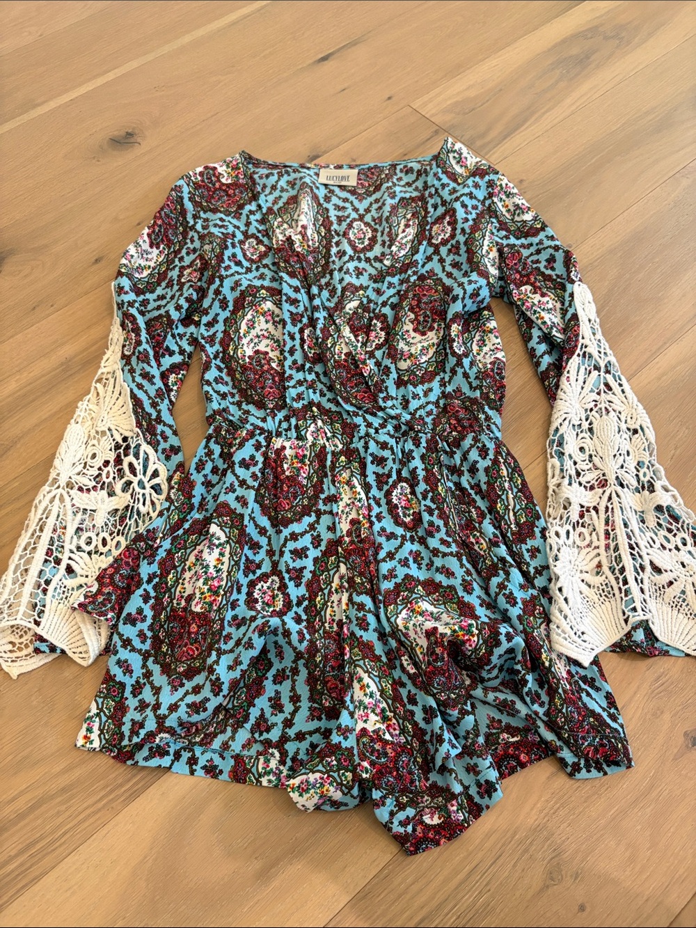 Lucy Love Blue Floral Crochet-Sleeve Romper
